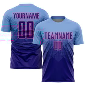 Maillot de football personnalisé bleu clair, violet foncé et rose, sublimation