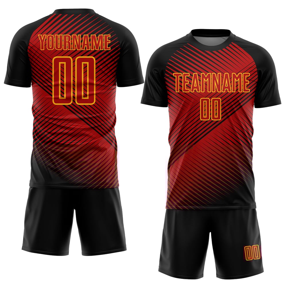 Camiseta de fútbol personalizada de sublimación, color negro y amarillo, color rojo