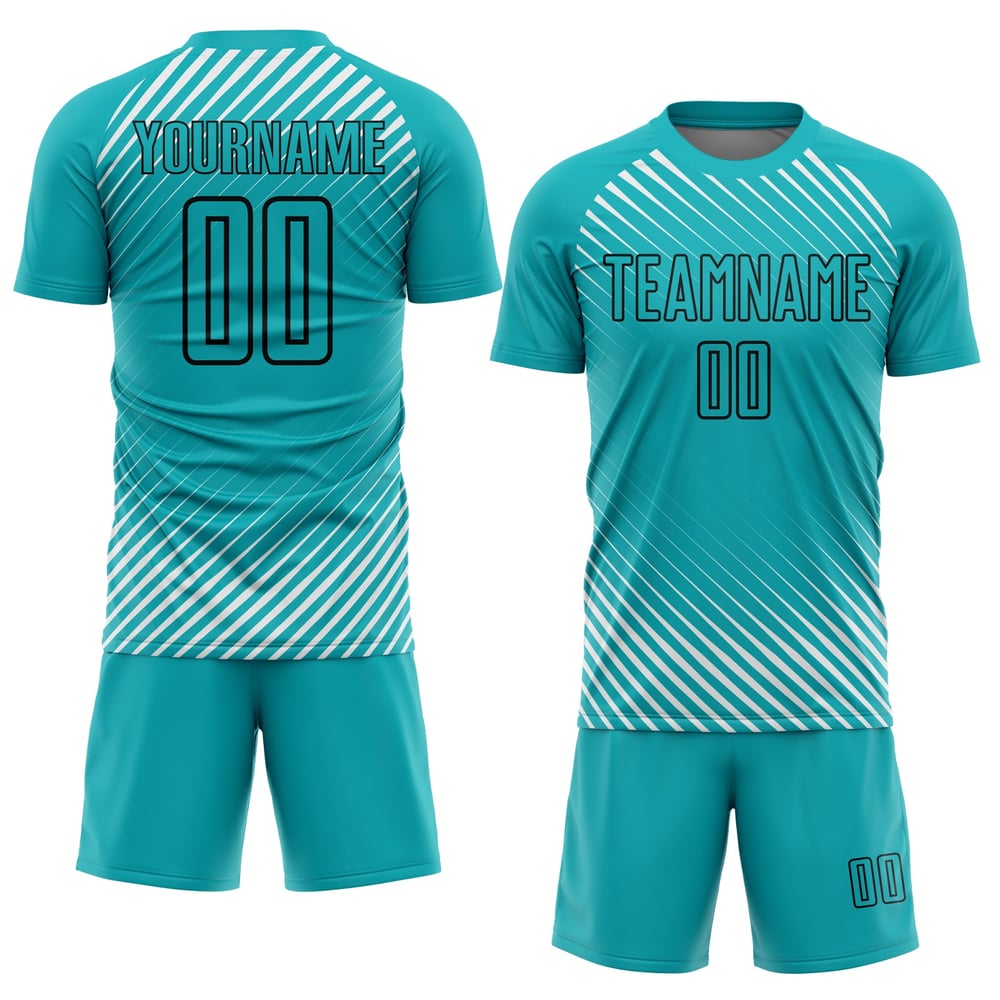 Uniforme de fútbol negro con líneas de sublimación, camiseta diagonal personalizada color aguamarina