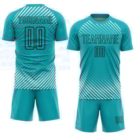 Uniforme de fútbol negro con líneas de sublimación, camiseta diagonal personalizada color aguamarina