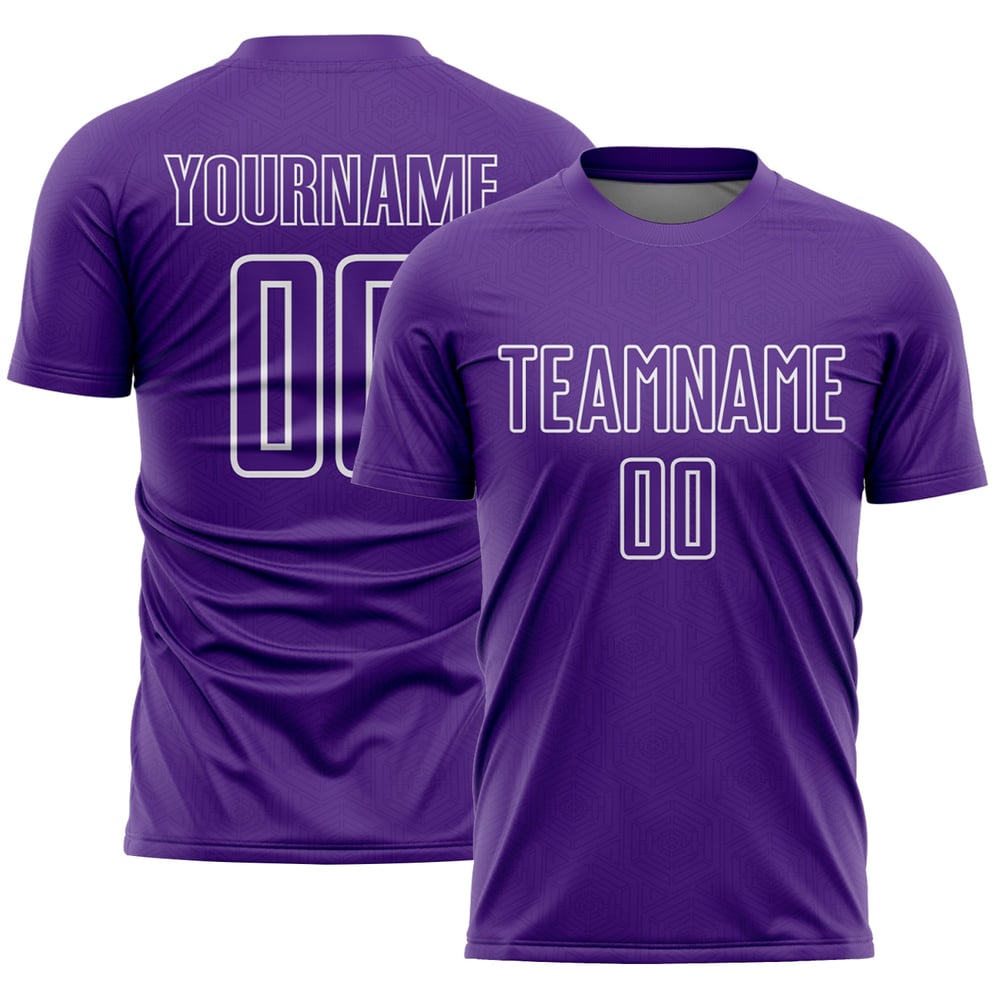 Camiseta de fútbol personalizada con sublimación de formas geométricas en morado y blanco