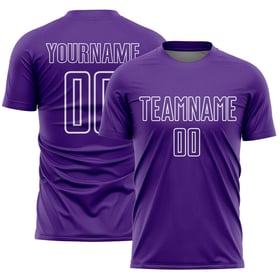 Camiseta de fútbol personalizada con sublimación de formas geométricas en morado y blanco