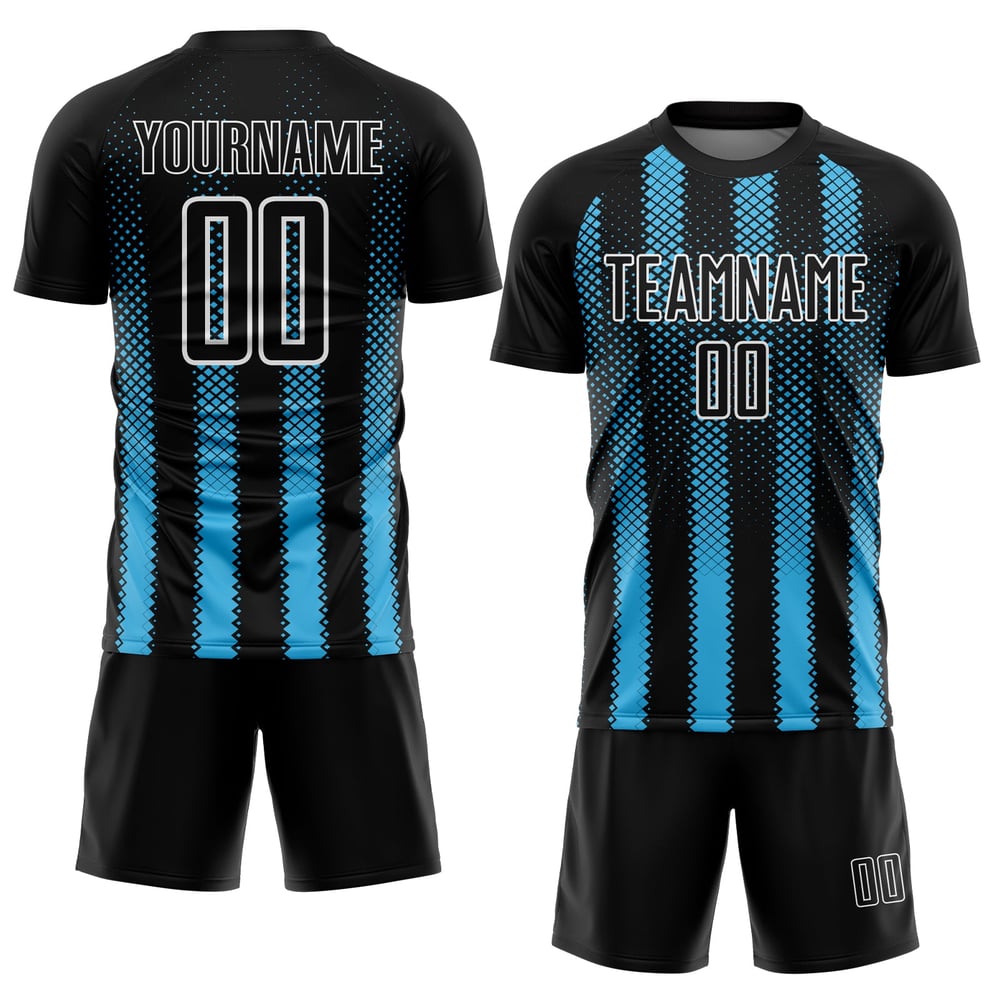 Geometrische Trikotuniform Schwarz Blau-Weiß Form Benutzerdefinierte Sky Sublimation Fußball