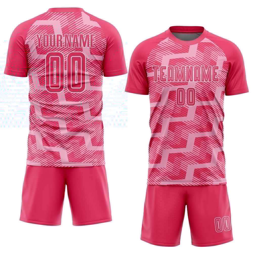 Camiseta de fútbol personalizada con sublimación de líneas rosa neón, rosa claro y blanco