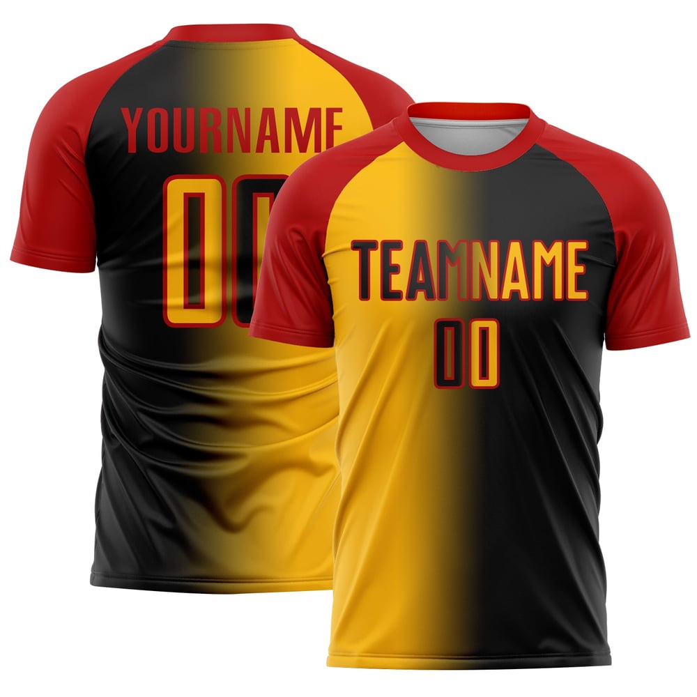 Fußballuniform Schwarz Mode Gold-Rot Sublimation Custom Jersey Gradienten