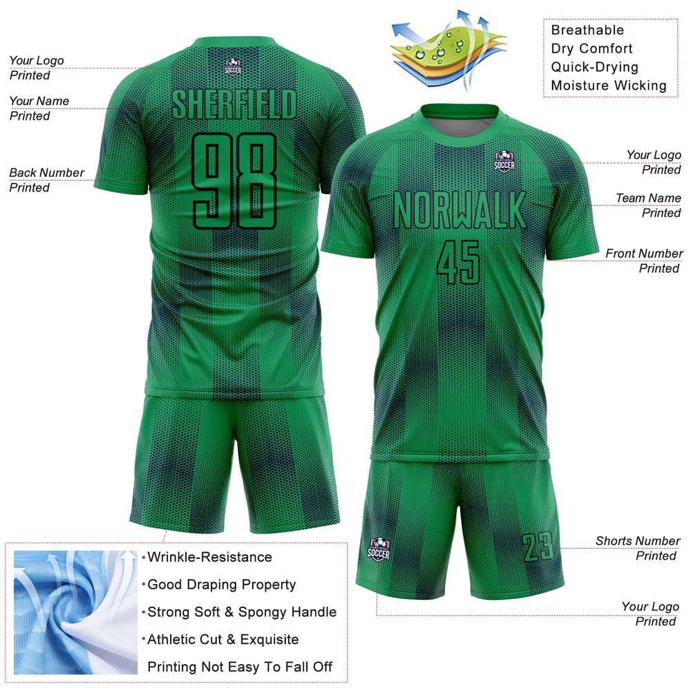 Custom Black Sublimation Green Uniform Jersey Kelly Shapes Soccer Geometric