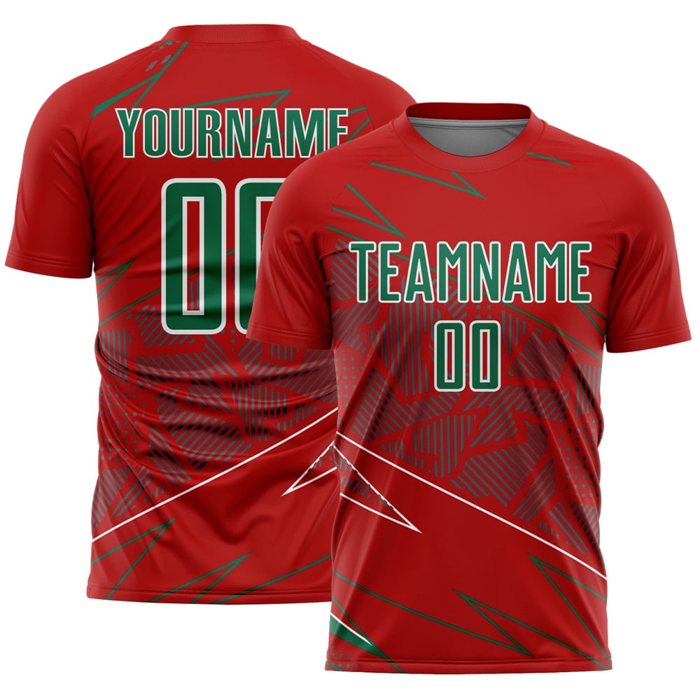 Maglia da calcio sportiva personalizzata con linee rosse, uniforme Kelly verde-bianca, stampata a sublimazione