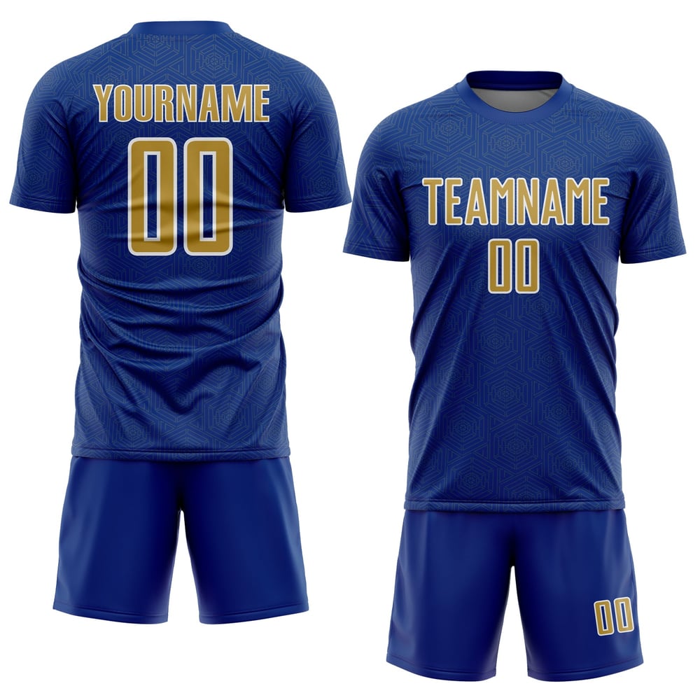 Uniforme da calcio Old Jersey Royal personalizzata con stampa a sublimazione in oro e bianco sportivo, forma geometrica