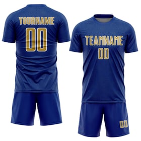 Uniforme da calcio Old Jersey Royal personalizzata con stampa a sublimazione in oro e bianco sportivo, forma geometrica