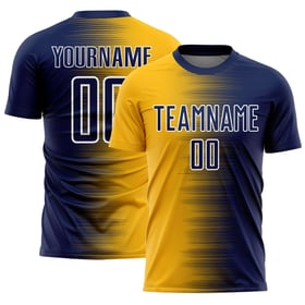 Camiseta de fútbol personalizada con sublimación en dorado y blanco, línea azul marino degradado