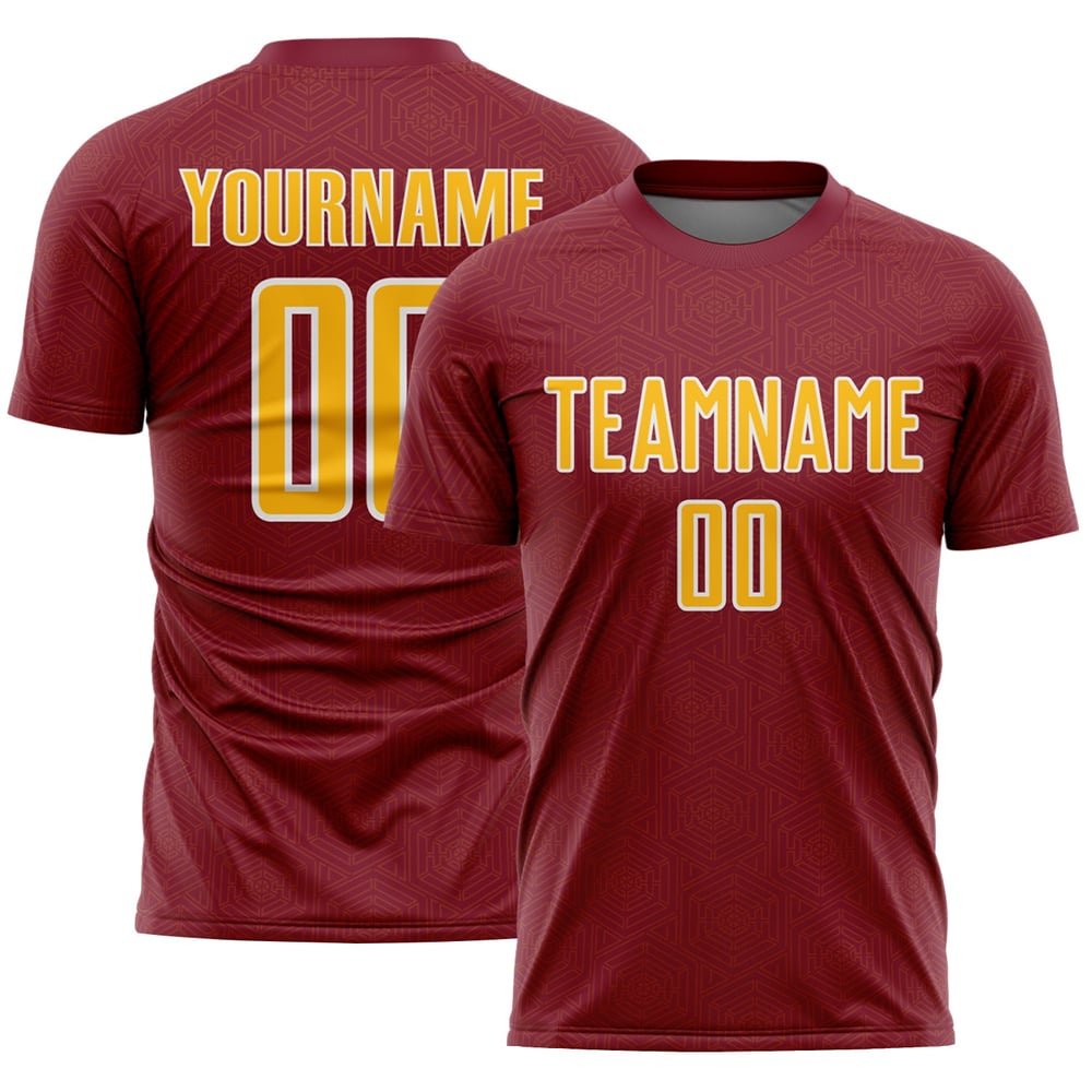 Maglia da calcio personalizzata con stampa sublimatica, color cremisi, geometrica, oro-bianco