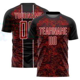 Camiseta de sublimación personalizada de uniforme de fútbol negro abstracto rojo-blanco fluido