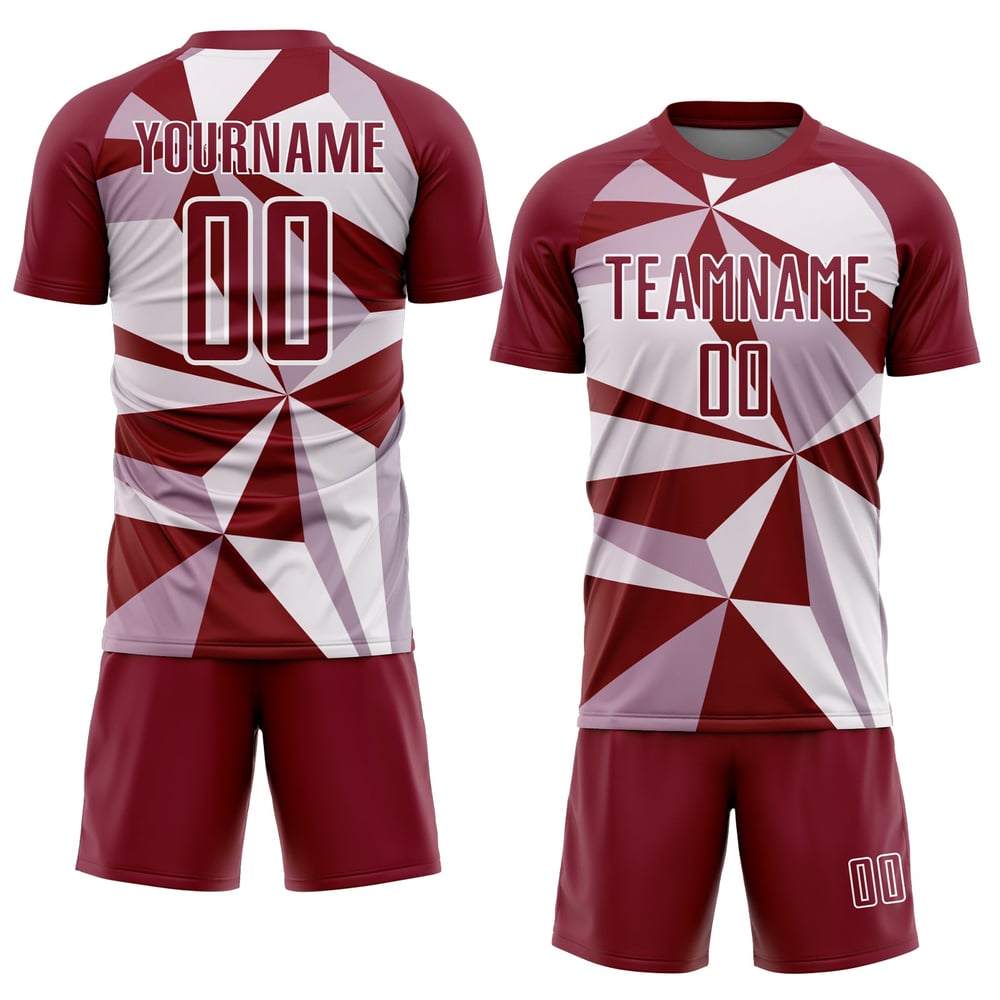 Uniforme de fútbol personalizado con sublimación, patrón geométrico, camiseta blanca carmesí