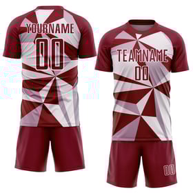 Uniforme de fútbol personalizado con sublimación, patrón geométrico, camiseta blanca carmesí