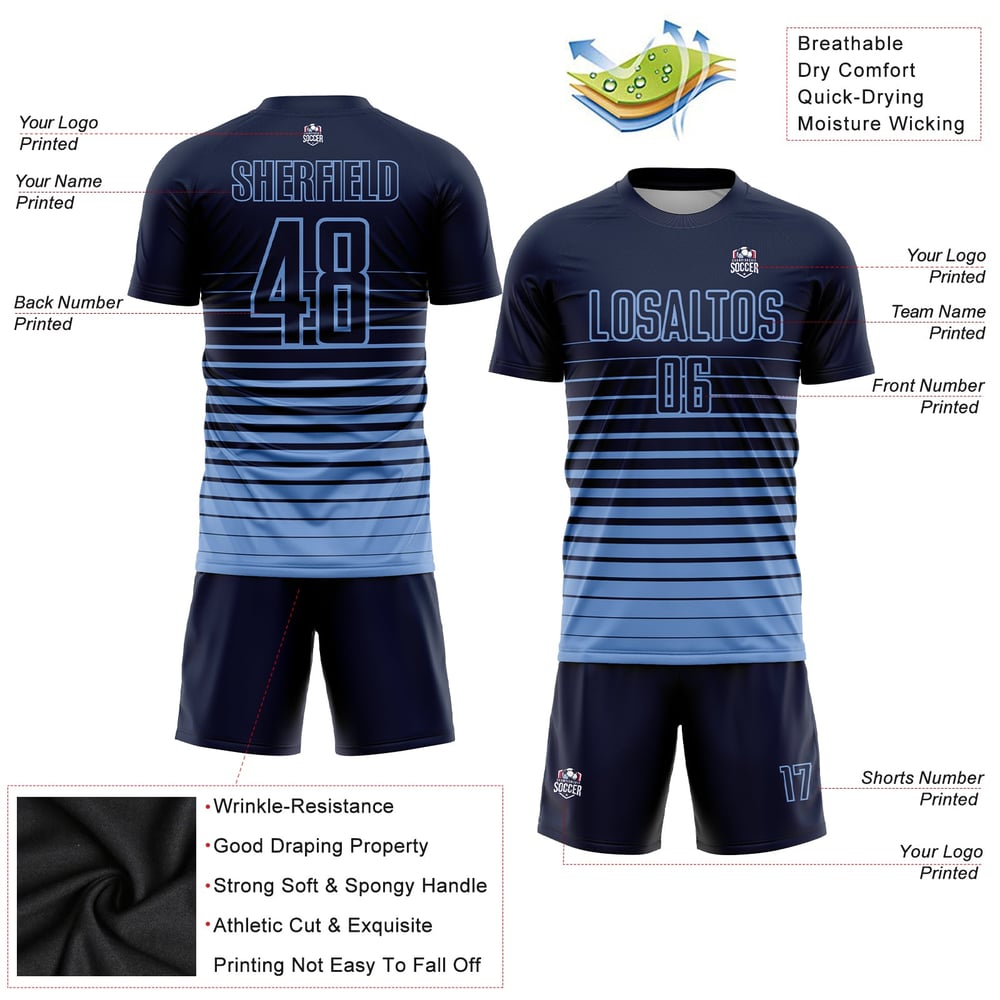 Jersey Fashion Custom Pinstripe Uniform Light Fade Sublimation Navy Blue Soccer