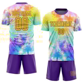 Camiseta de fútbol personalizada con teñido anudado, sublimación, color dorado y morado