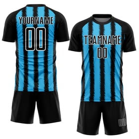 Camiseta de fútbol personalizada con sublimación de líneas azul cielo y blanco, negra