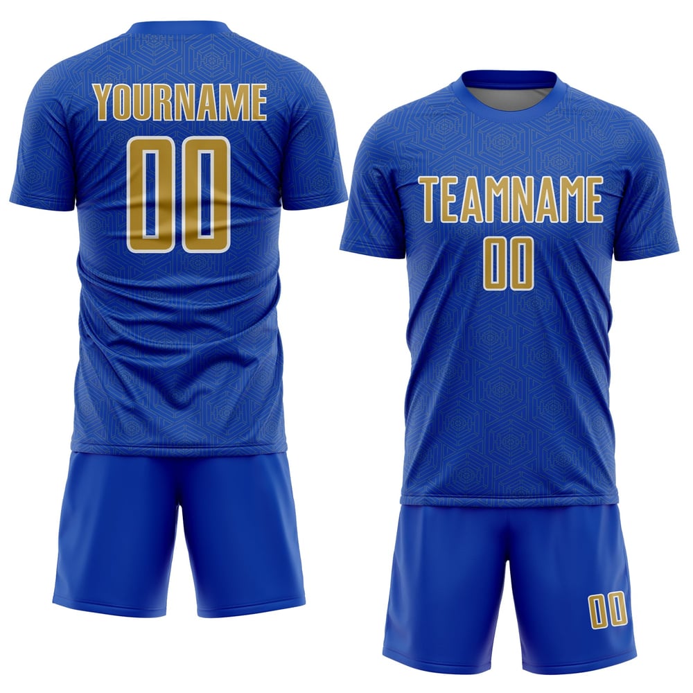 Maglia personalizzata sportiva Thunder, uniforme da calcio, forma geometrica, blu antico, oro e bianco