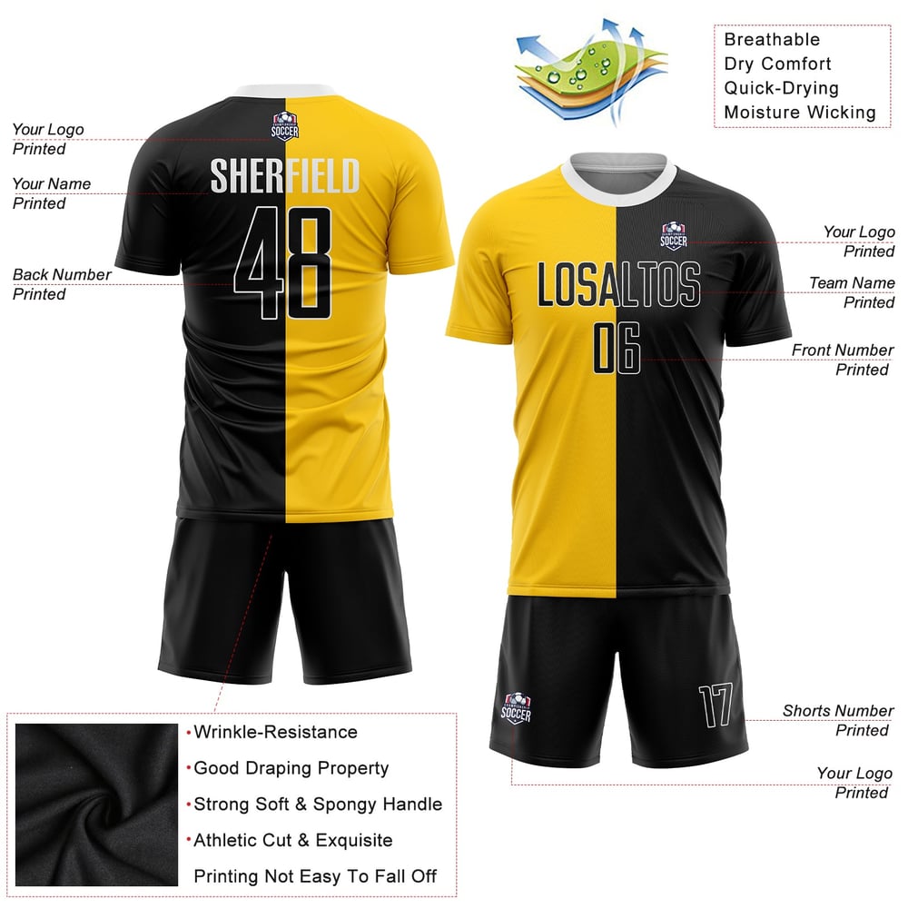 Black-White Custom Sublimation Fashion Split Uniform Jersey Soccer Gold