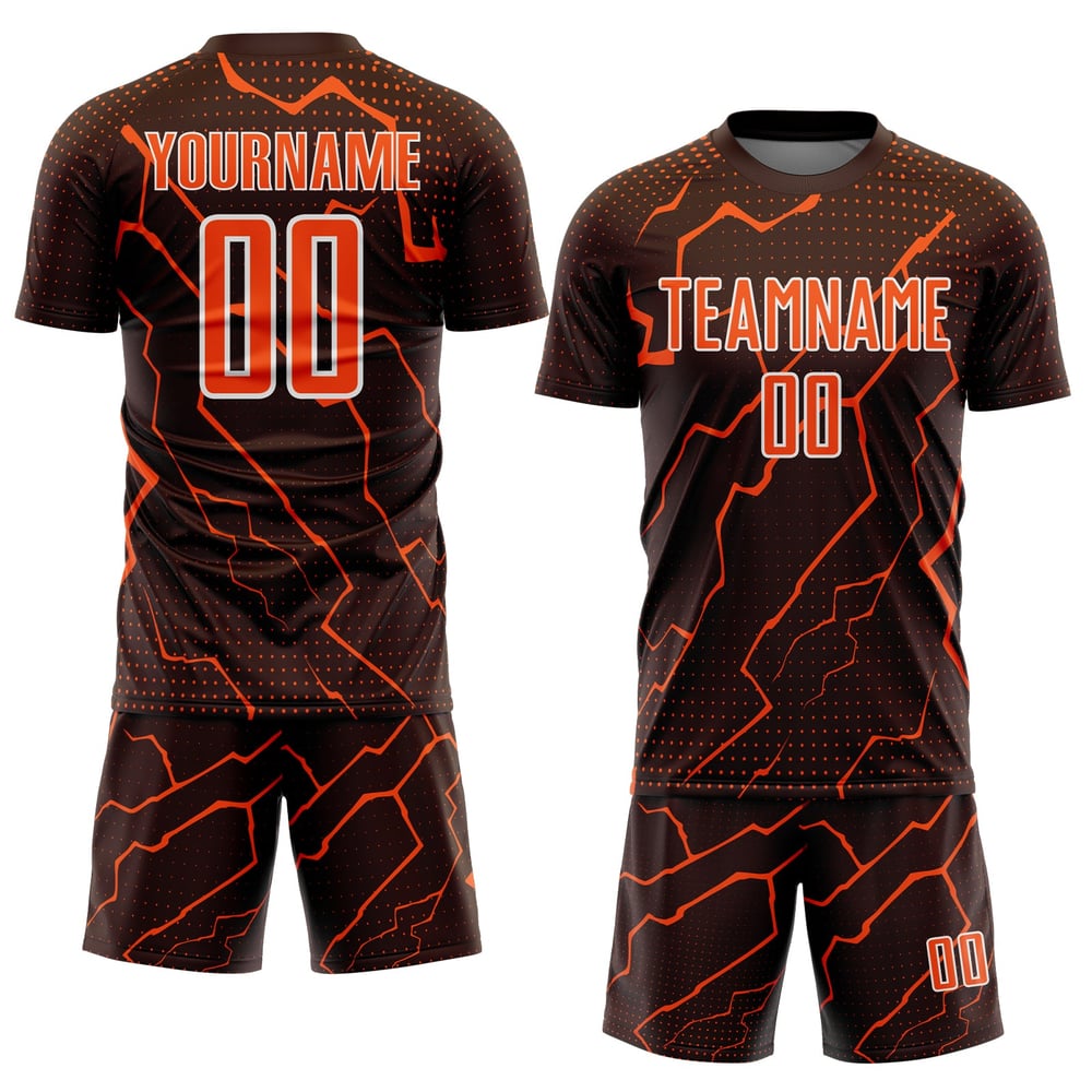 Maglia arancione-bianca Lightning Sublimazione Uniforme Marrone Calcio Sport Personalizzato