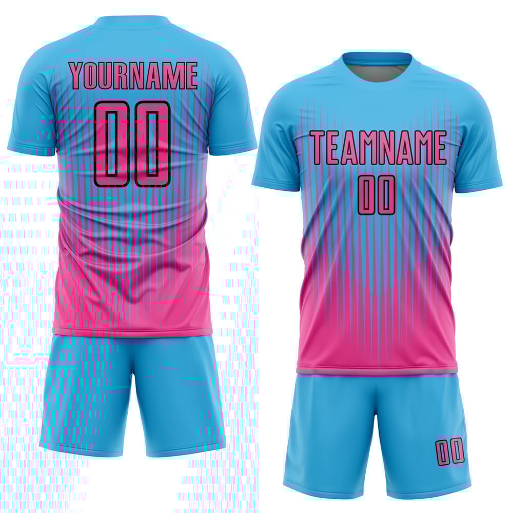 Camiseta de sublimación personalizada Sky Soccer Uniforme Rosa-Negro Líneas Azul