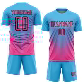 Camiseta de sublimación personalizada Sky Soccer Uniforme Rosa-Negro Líneas Azul