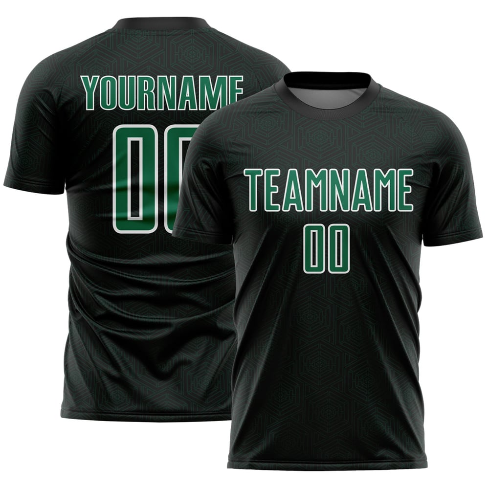 Maglia da calcio con stampa a sublimazione personalizzata Kelly Black Sports Shape verde-bianco geometrica