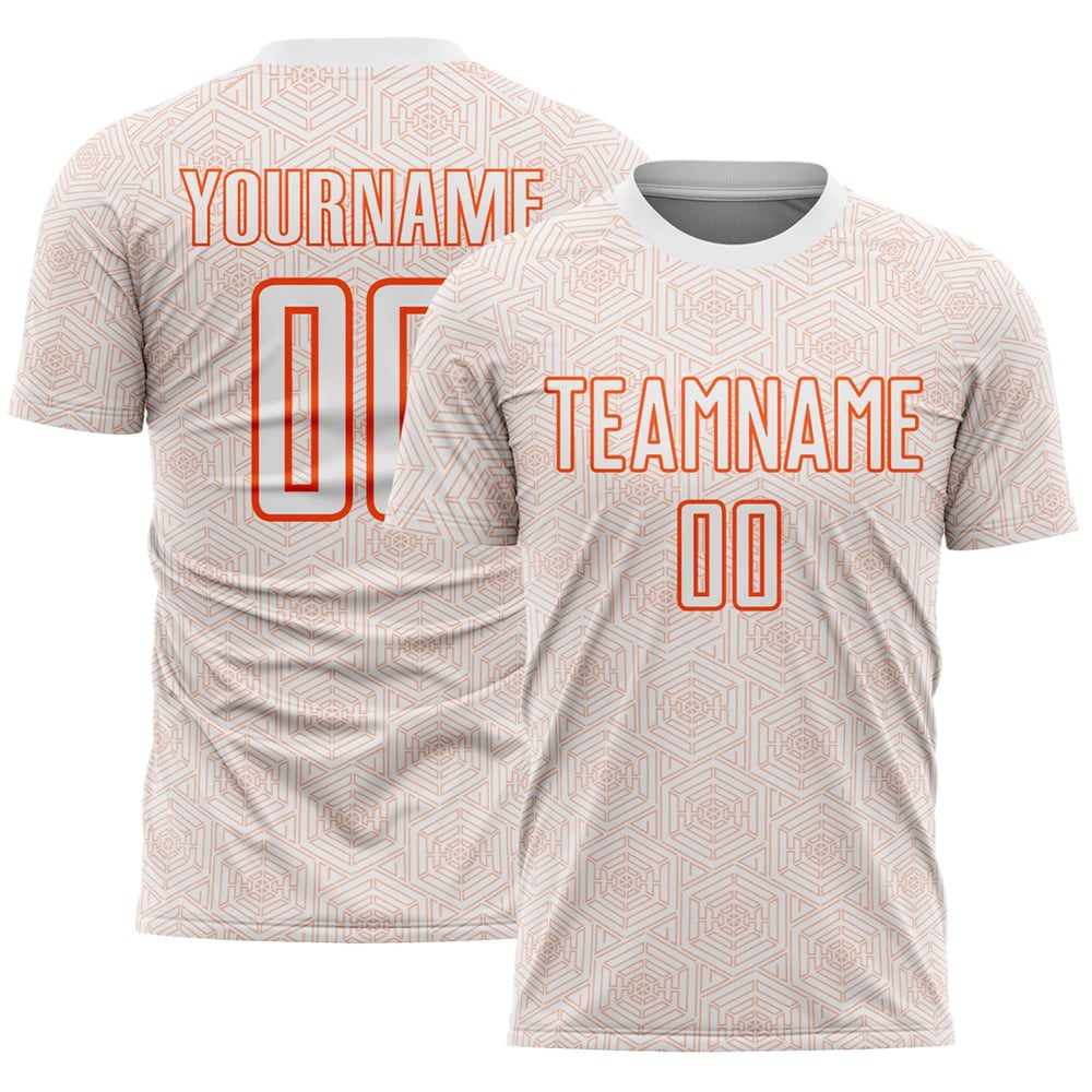 Maglia da calcio personalizzata geometrica arancione con stampa sublimatica bianca