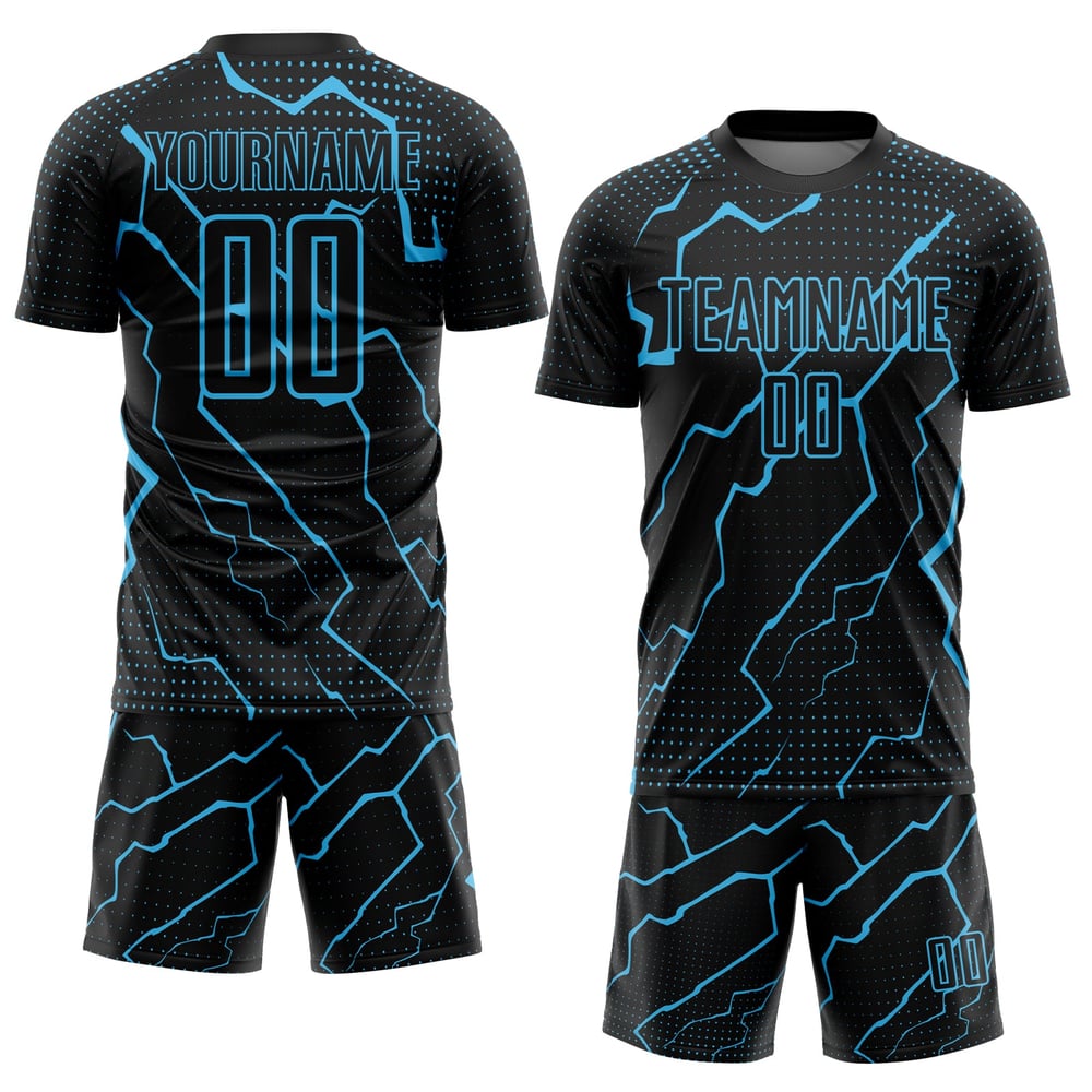 Lightning Black Soccer Sublimation Jersey Sky Blue Custom Uniform