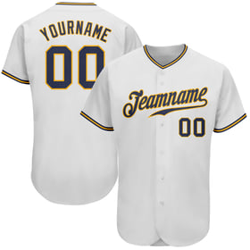 Camiseta de béisbol auténtica personalizada en blanco, azul marino y dorado