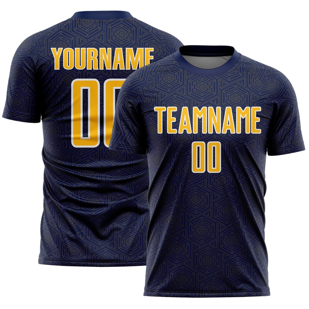 Maglia da calcio personalizzata con stampa a sublimazione geometrica blu navy e oro-bianca