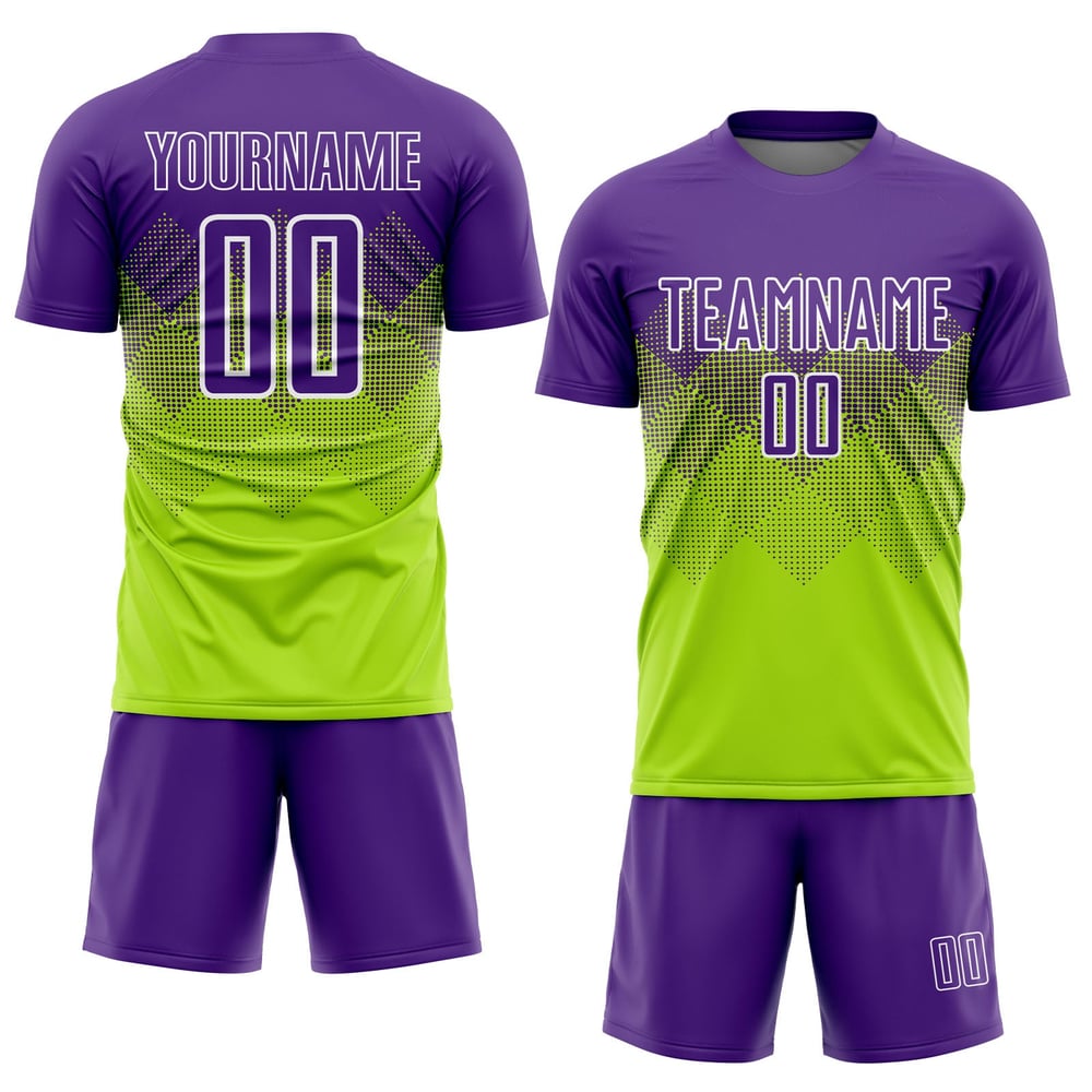 Maglia da calcio personalizzata con stampa sublimatica verde neon viola-bianco