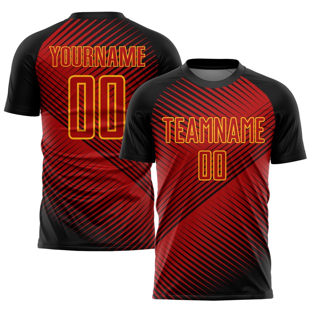 Camiseta de fútbol personalizada de sublimación, color negro y amarillo, color rojo