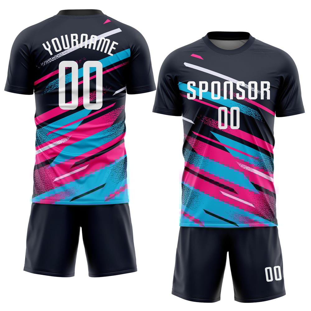 Pink-Light Blue Custom Uniform Soccer Sublimation White Jersey Navy