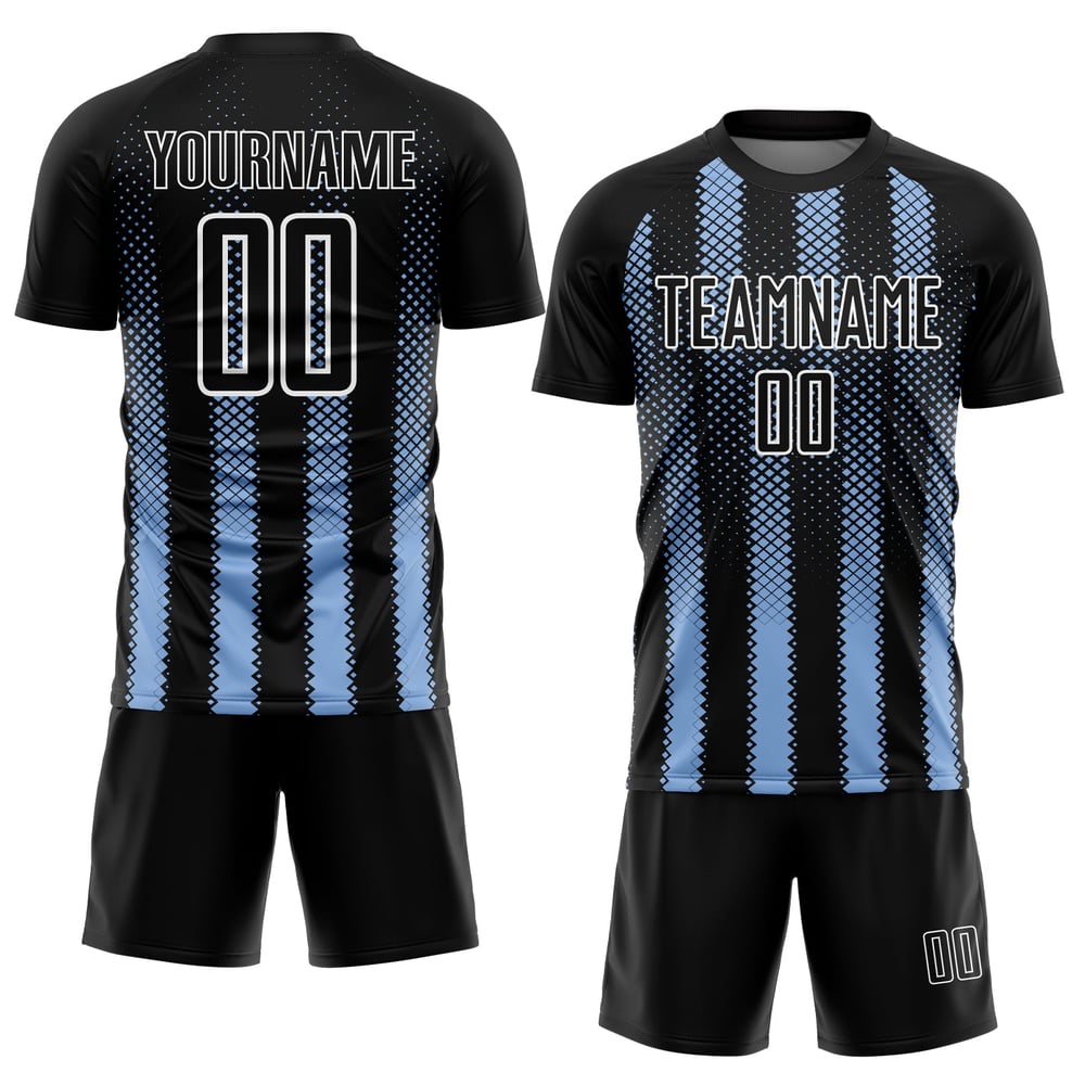 Sublimation Fußball Geometrische Schwarze Form Uniform Benutzerdefinierte Blau-Weiß Jersey Licht