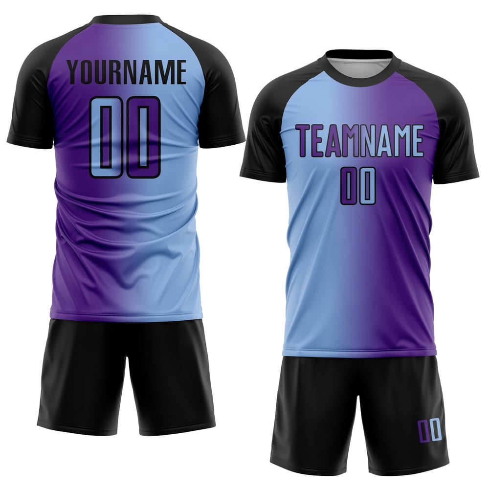 Licht Fußball Benutzerdefinierte Blau-Schwarz Sublimation Jersey Uniform Gradienten Mode Lila