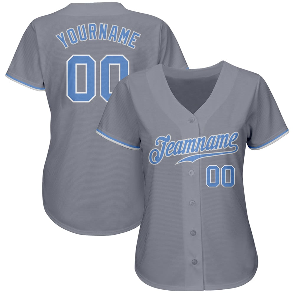 Maglia da baseball personalizzata autentica grigia, blu chiaro e bianca