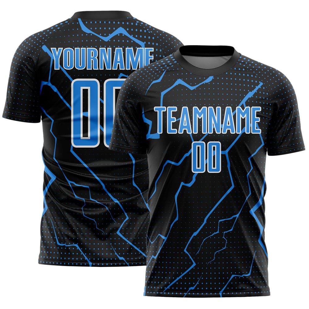 Maglia da calcio nera Lightning Sports blu-bianca personalizzata con stampa a sublimazione in polvere