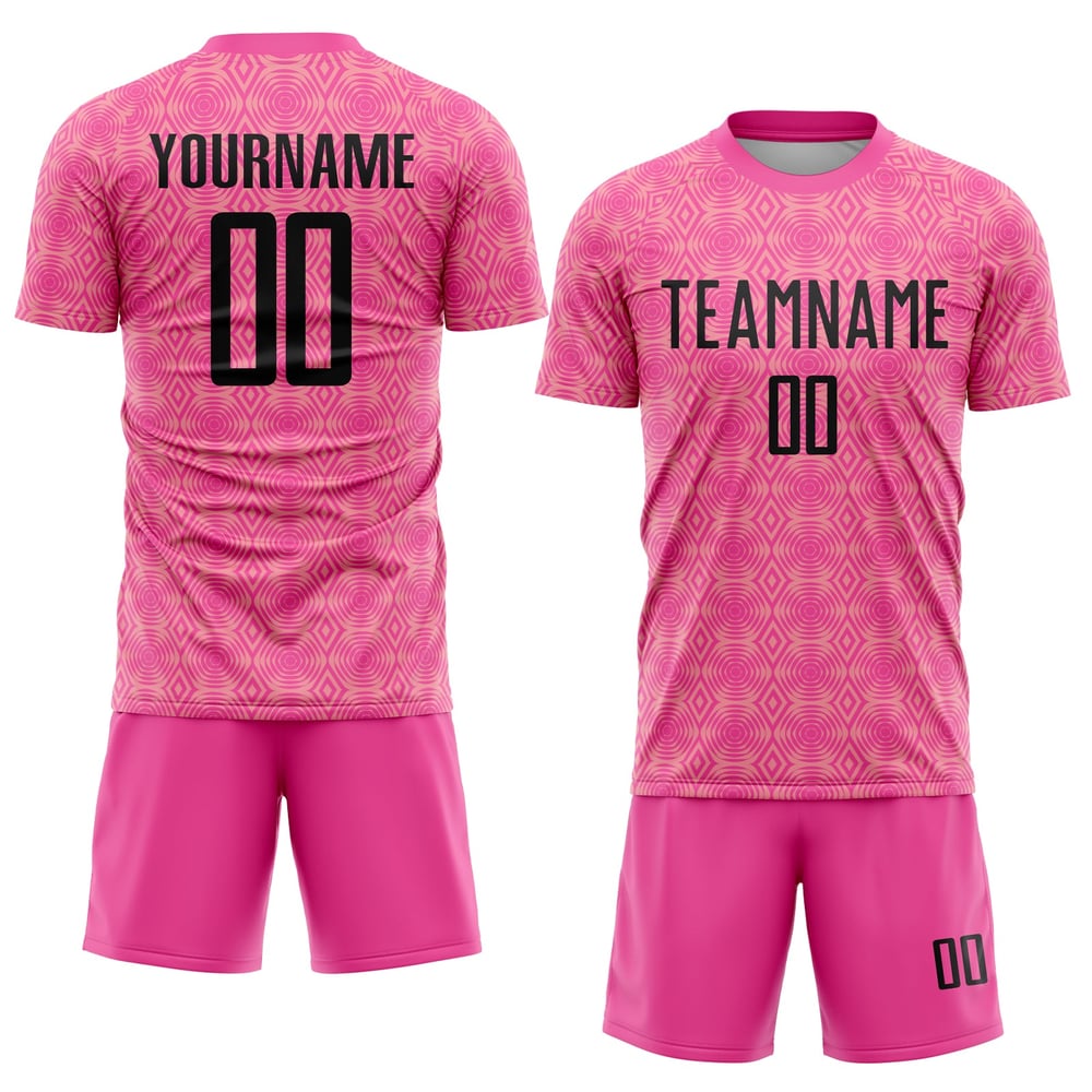 Camiseta de fútbol geométrica uniforme rosa, negra y rosa medio con sublimación personalizada