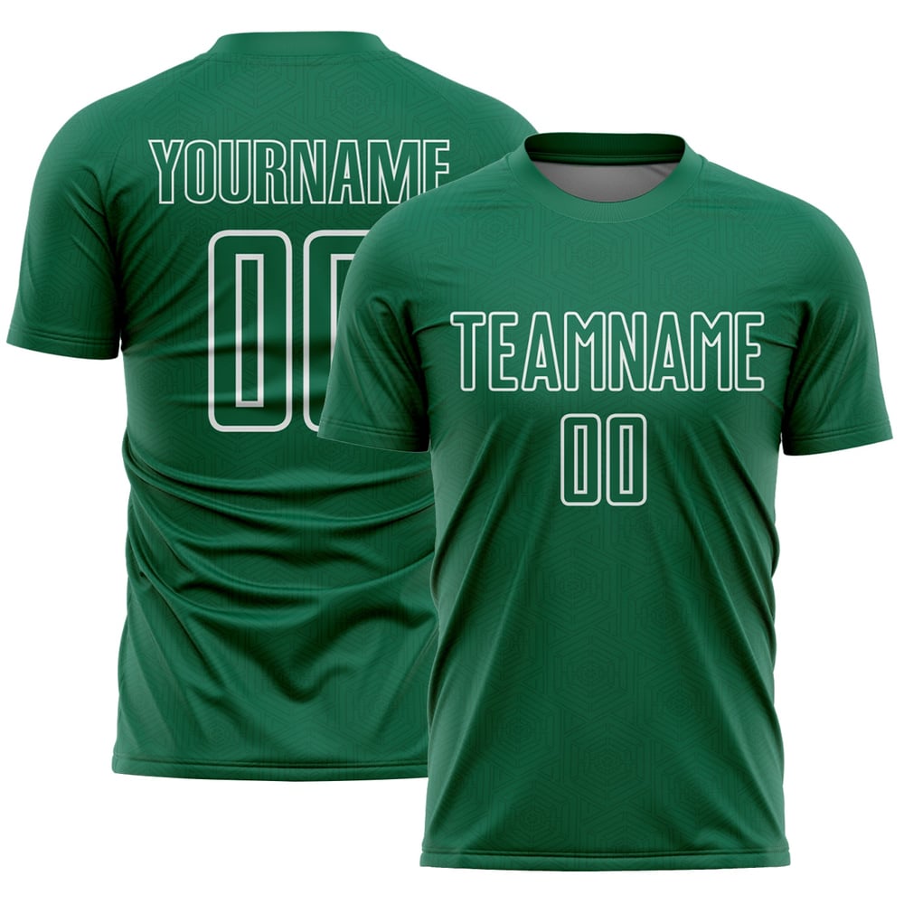 Camiseta de fútbol personalizada con sublimación de formas geométricas en verde Kelly y blanco