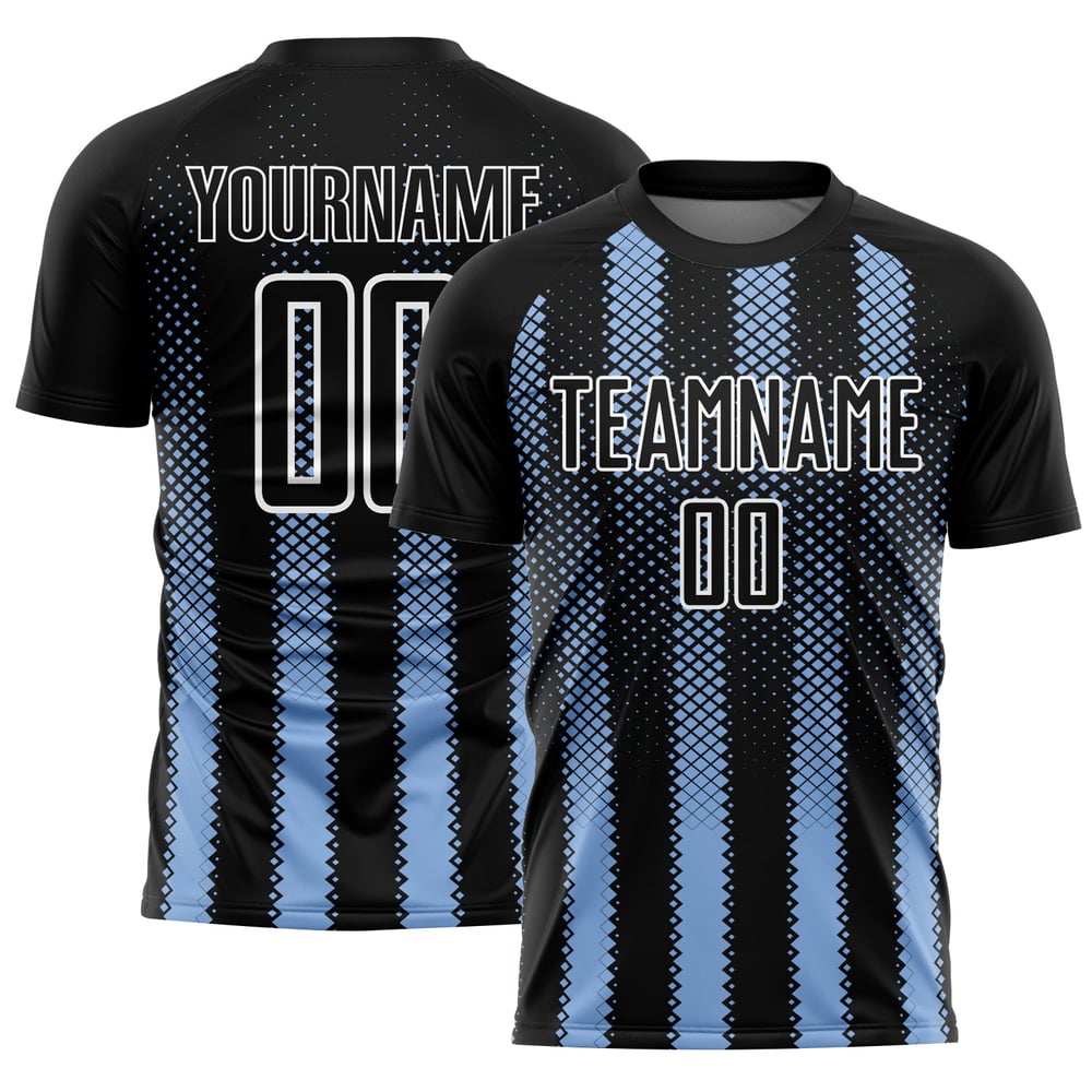 Sublimation Fußball Geometrische Schwarze Form Uniform Benutzerdefinierte Blau-Weiß Jersey Licht