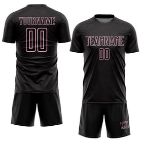 Maglia da calcio nera da uniforme sportiva, stampa geometrica rosa, stampata a sublimazione leggera, forma personalizzata
