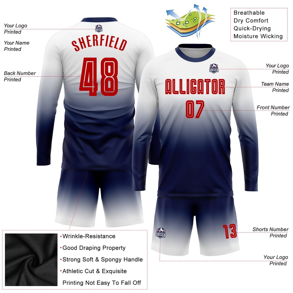 Red-Navy Fade Uniform Sleeve Fashion White Soccer Long Sublimation Jersey Custom