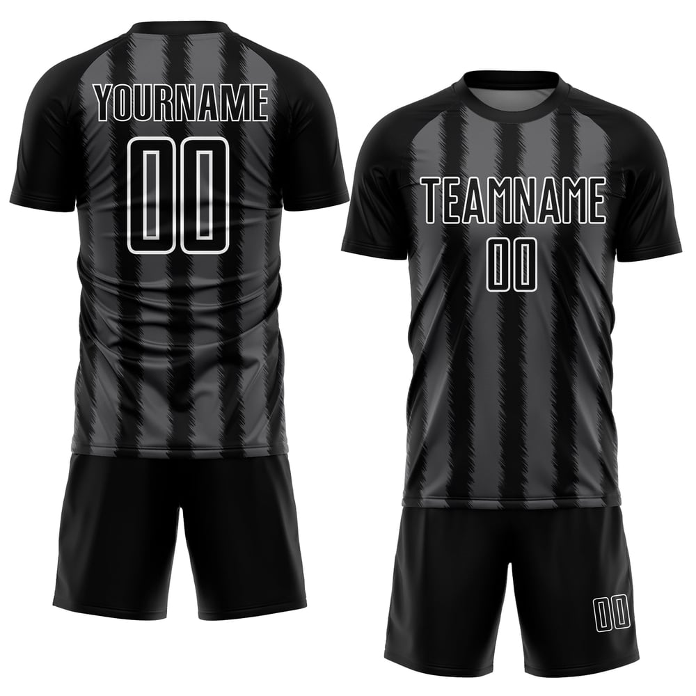 Camiseta de fútbol personalizada con sublimación de líneas gris acero y blanco, color negro