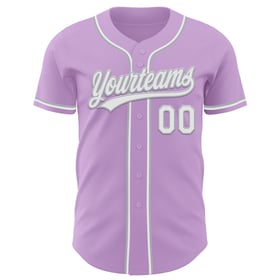 Camiseta de béisbol personalizada auténtica en color blanco y gris claro y morado