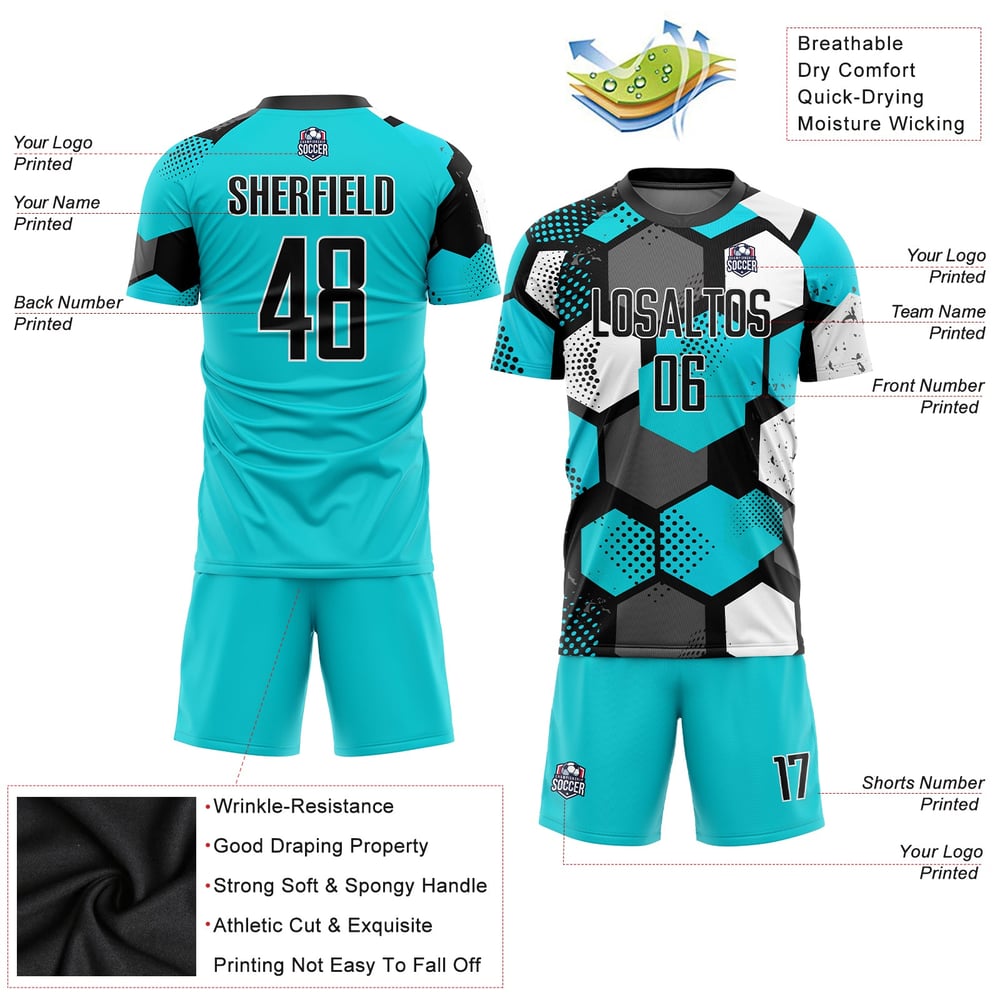 Sublimation Jersey Custom Black-White Soccer Aqua Uniform
