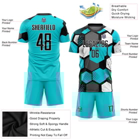 Sublimation Jersey Custom Black-White Soccer Aqua Uniform