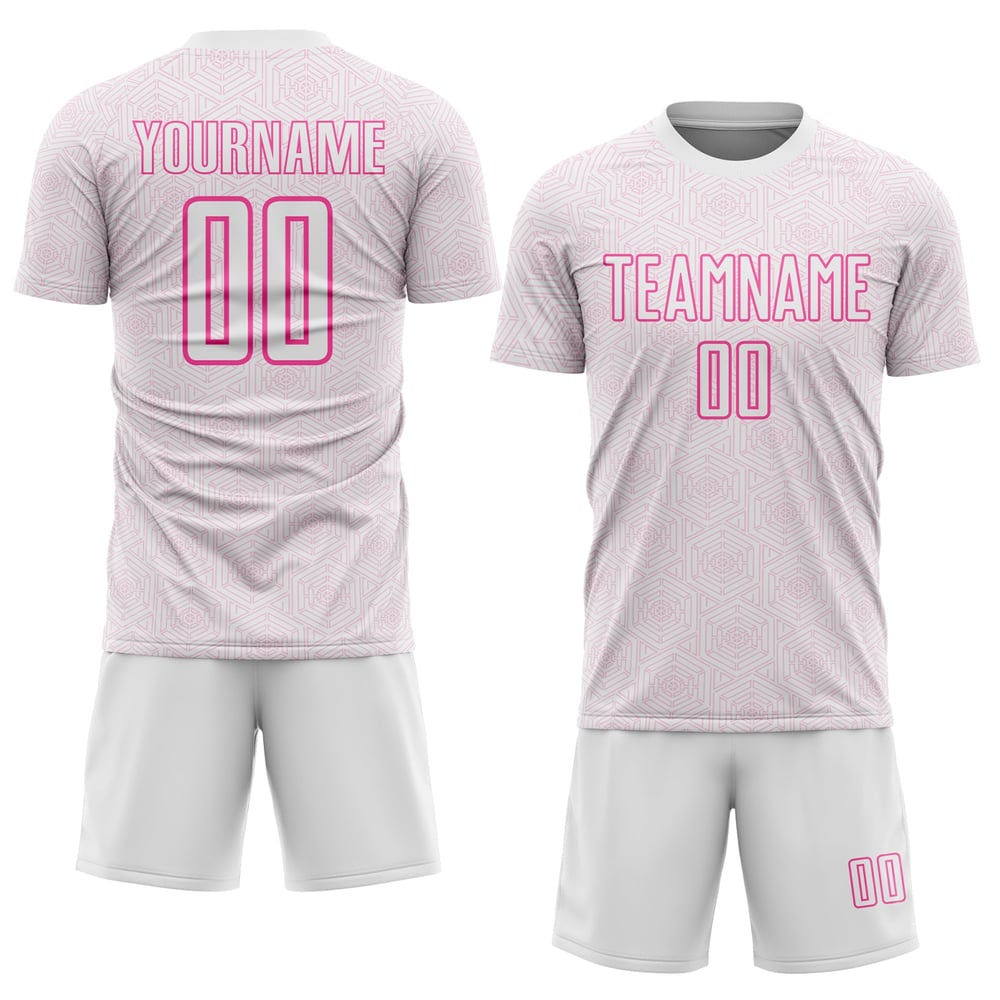 Maglia da calcio personalizzata con stampa geometrica, stampata a sublimazione, uniforme sportiva rosa, forma bianca