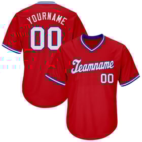 Camiseta retro personalizada de béisbol auténtica de punto acanalado en blanco y rojo rey