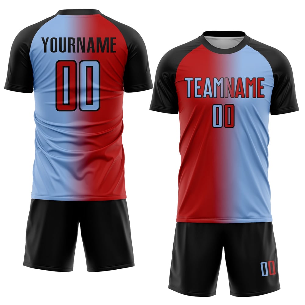 Gradient Soccer Light Jersey Custom Uniform Sublimation Rot-Schwarz Fashion Blau